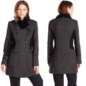 Double Breasted Wool Blend Peacoat Faux Fur Collar